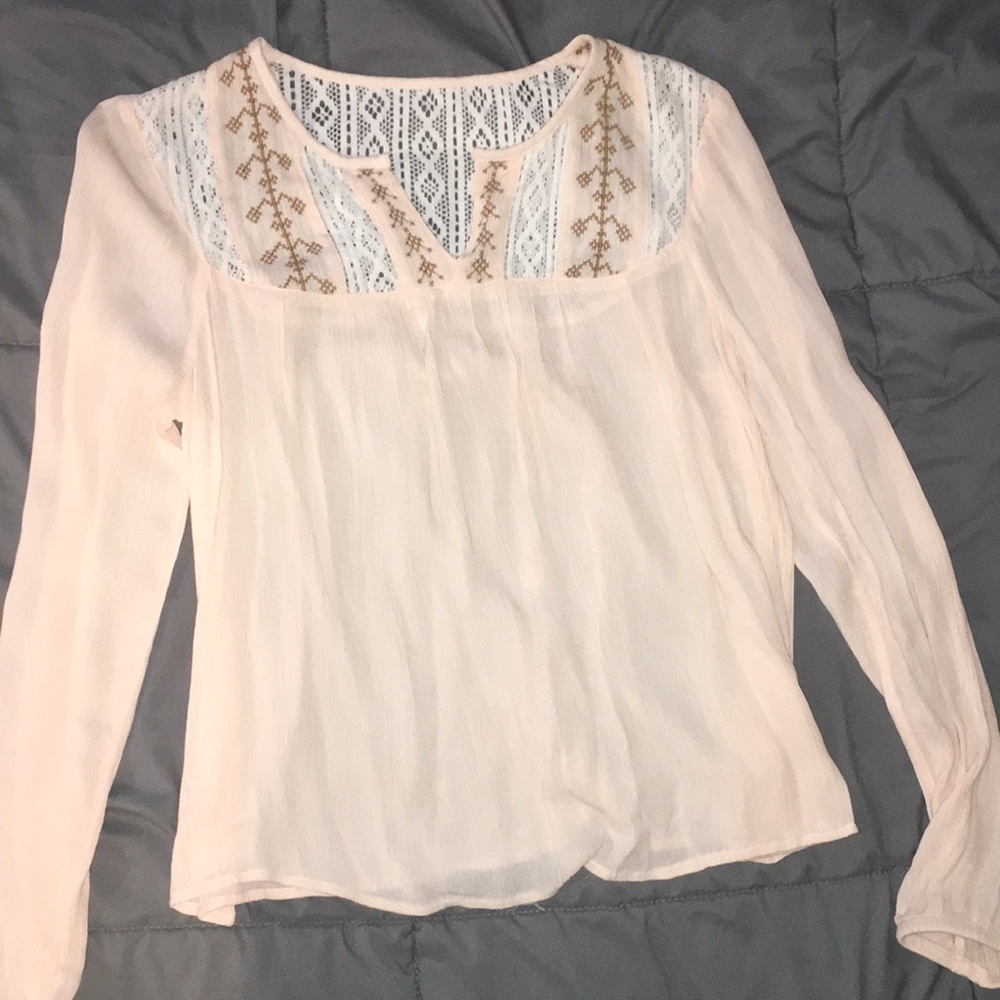 Light pink chiffon long sleeve shirt with lace